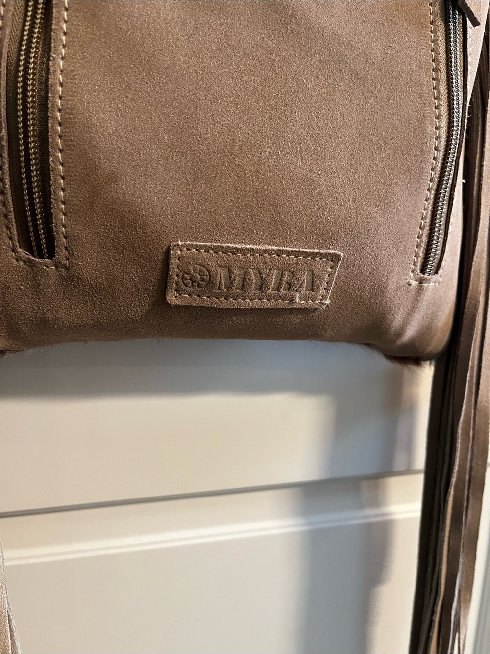 Myra Bag Pink Embossed Floral Leather & Brown Fur Crossbody with Fringe - Picture 5 of 6